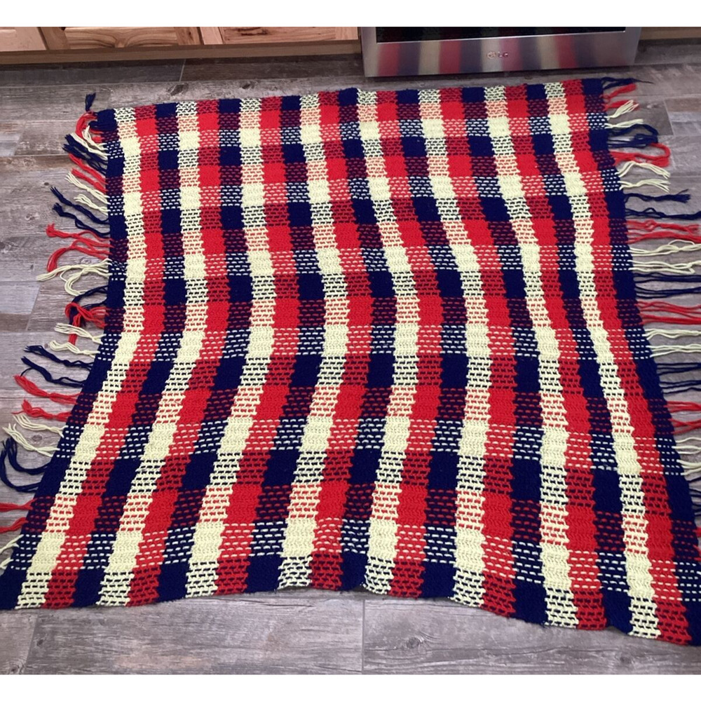 VTG MCM Blanket Throw Red Off White Blue Handmade Retro 47”x55” Picnic July 4th